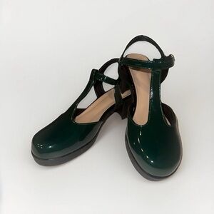 SHEIN Dark Green Patent T-Strap Platform Heels